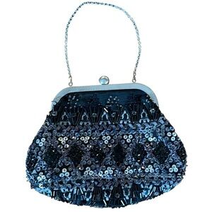 Valerie Stevens Black Beaded,sequins and ribbon clutch mini bag w/mirror & clasp